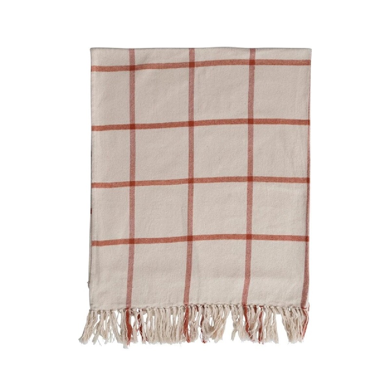 60 x 50 Cotton Flannel Throw with Grid Pattern and Fringe