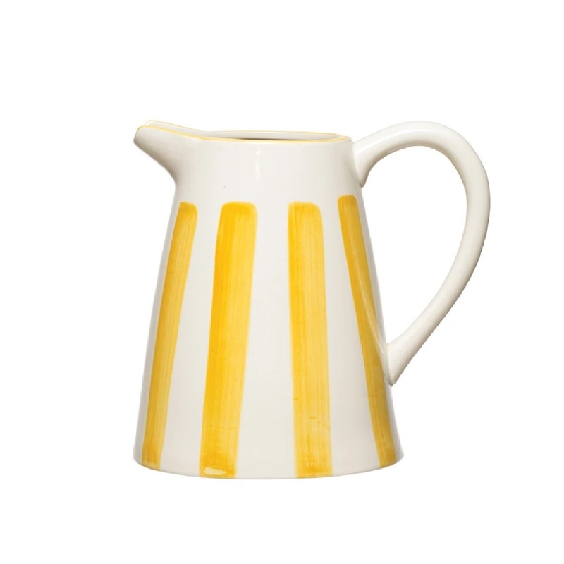 7 Hand-Painted Stoneware Pitcher with Yellow Stripes