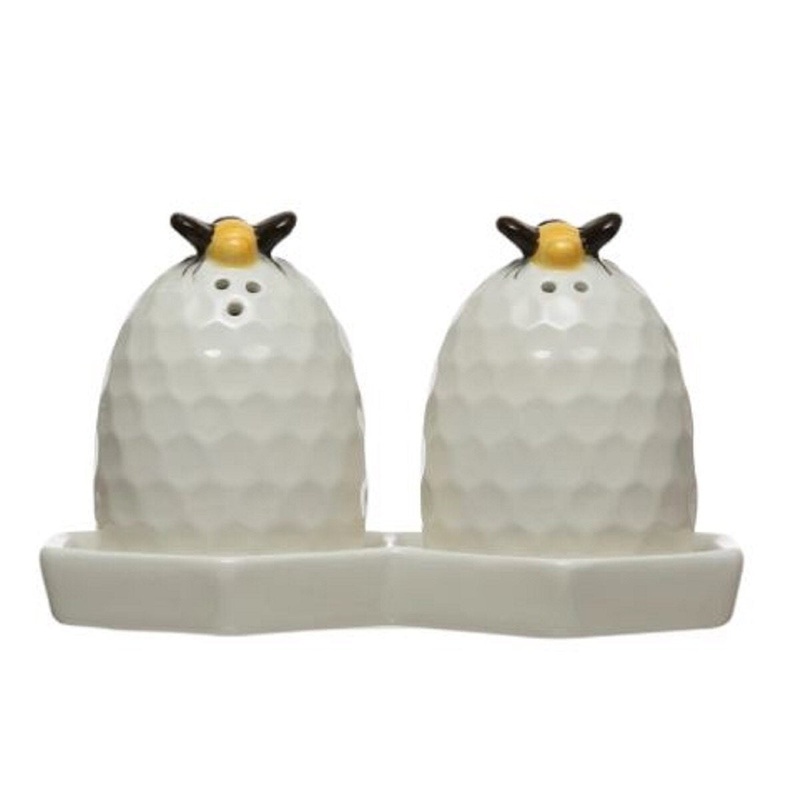 Beehive Salt & Pepper Shakers w/ Honeycomb Plate