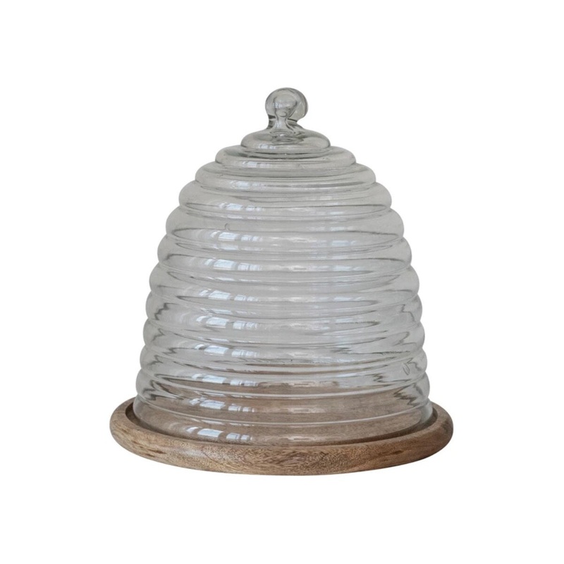 Glass Beehive Shaped Cloche w/ Mango Wood Base