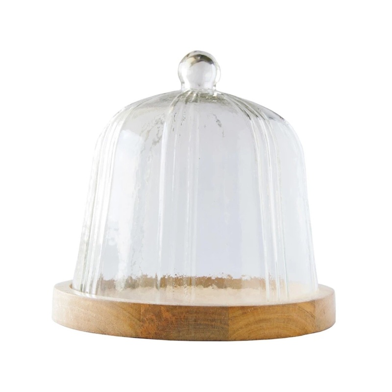 Recycled Glass Pleated Cloche w/ Mango Wood Base