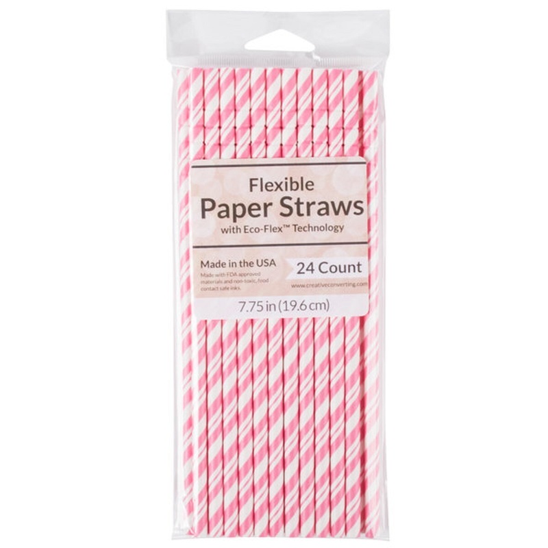 Creative Converting Candy Pink/White Stripe Paper Straw