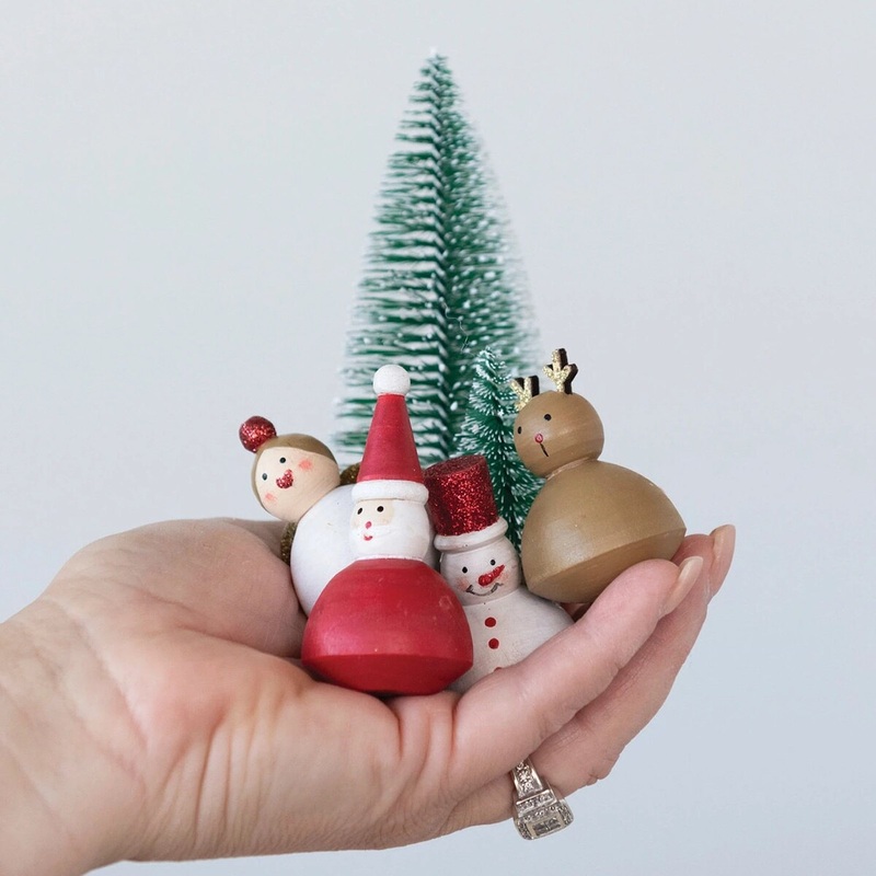 Hand-Painted Wood Christmas Figures & Bottle Brush Trees – Boxed Set of 7
