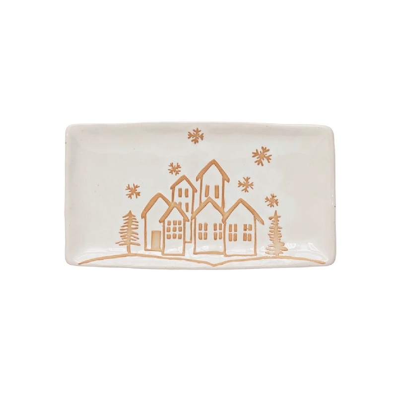 Stoneware Platter with Wax Relief Winter Town Image