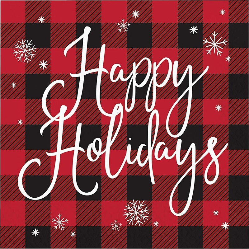 Black and Red Plaid Happy Holidays Lunch Paper Napkins