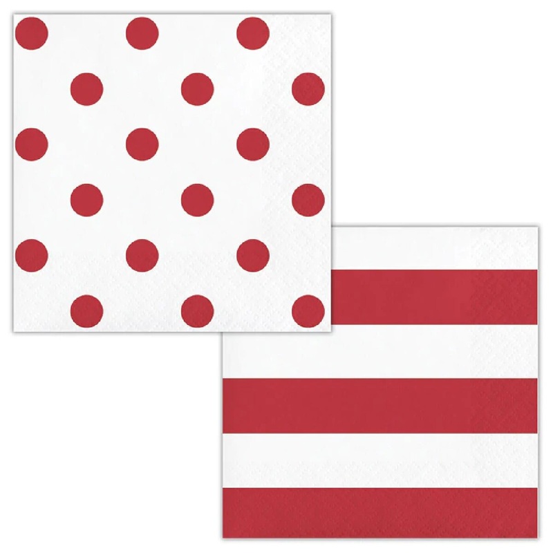 Dots & Stripes Beverage Napkin- Classic Red