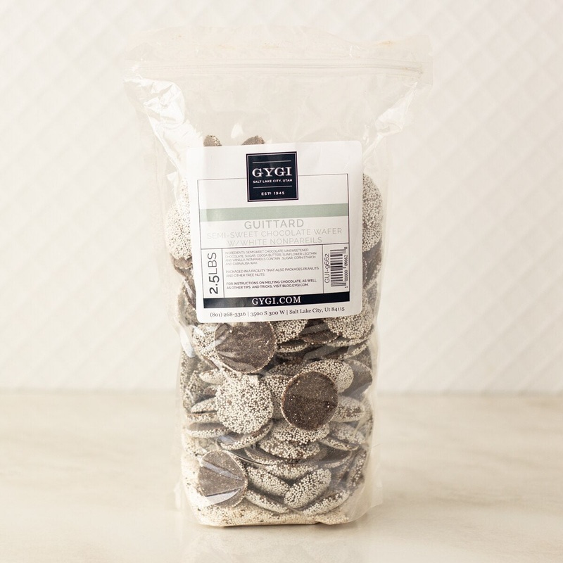 Guittard Semi-Sweet Chocolate Wafer w/ White Nonpareils – 2.5 Lb. Bag
