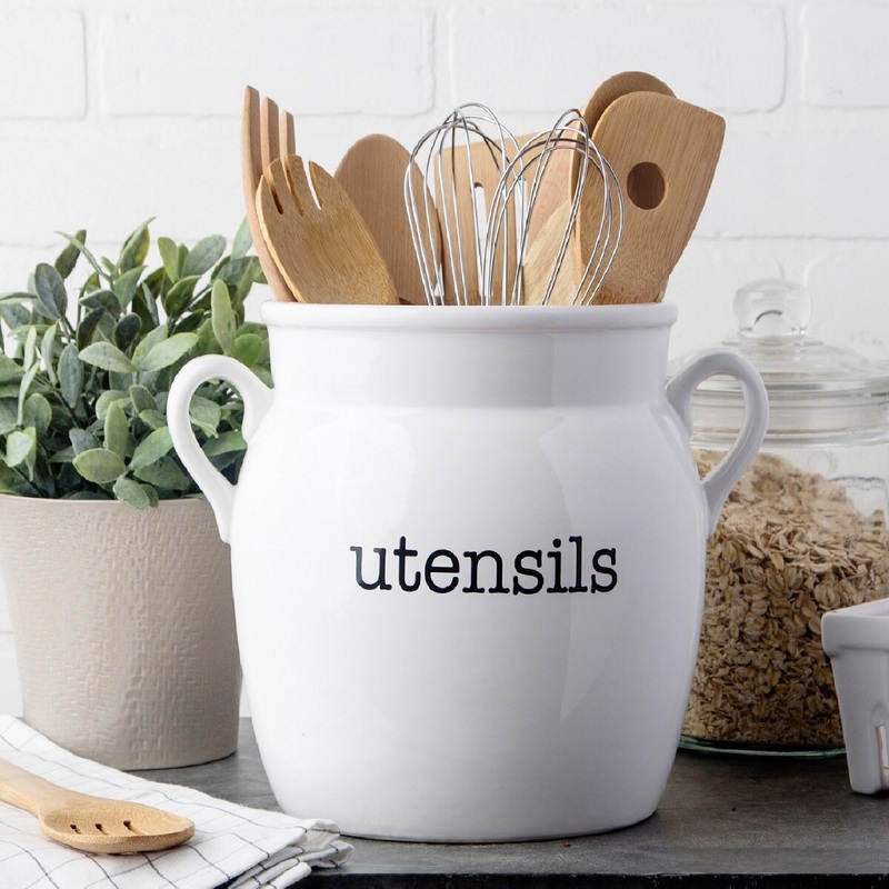 Ceramic White 2-Handle Utensil Crock