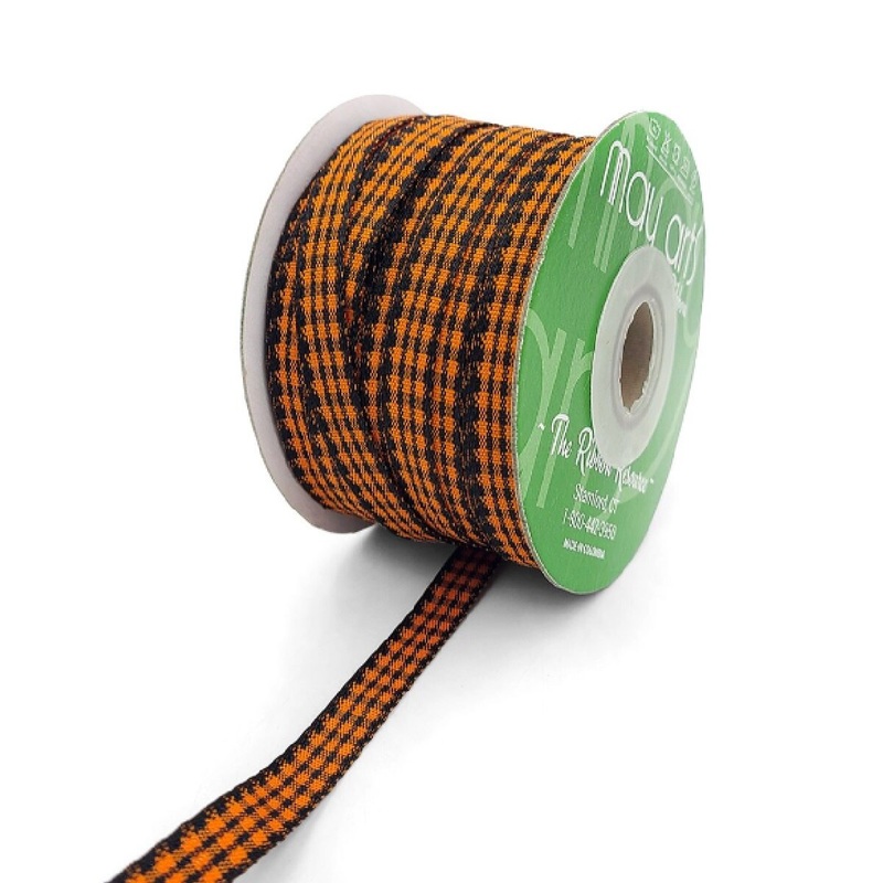 3/8 Inch Checkered Ribbon- Orange/Black