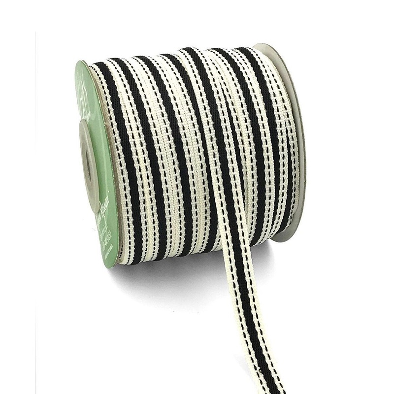 3/8 Solid Color Band Ribbon with Natural Woven Stitched Edge- Black