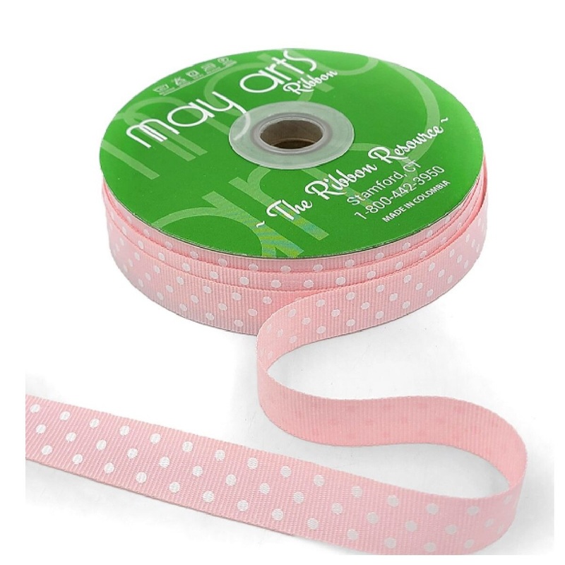 5/8 Inch Grosgrain Printed Dots Ribbon- Pink/White