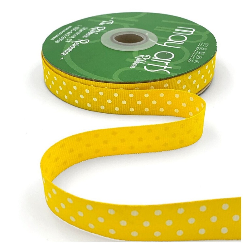 5/8 Inch Grosgrain Printed Dots Ribbon- Yellow/white