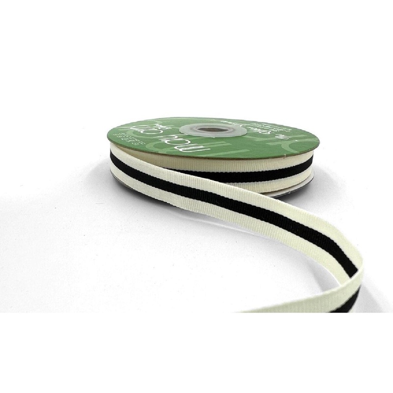 5/8 Inch Modern Stripe Grosgrain Woven Edge Ribbon Black/Ivory