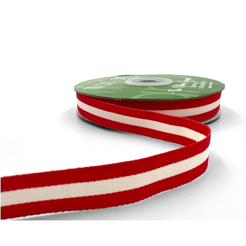5/8 Inch Modern Stripe Grosgrain Woven Edge Ribbon Ivory/Red