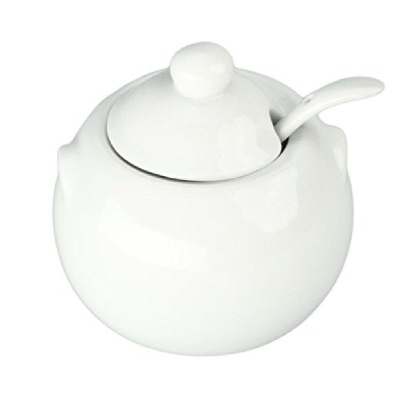 8 Oz White Porcelain Sugar Bowl w/ Spoon
