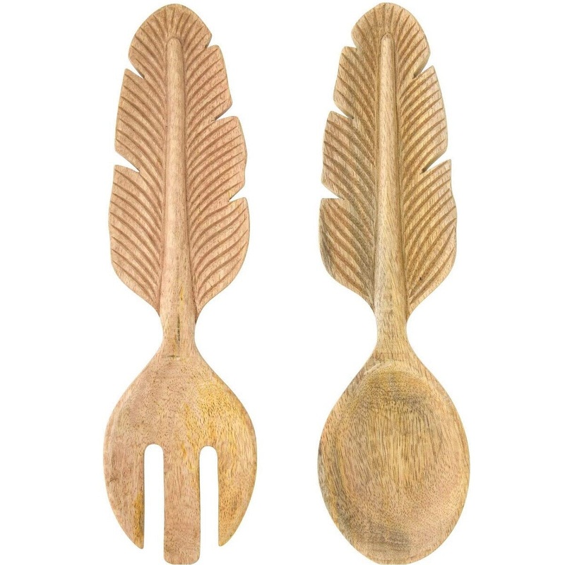 12 x 3 Hand-Carved Mango Wood Salad Feather-Shaped Handles Servers
