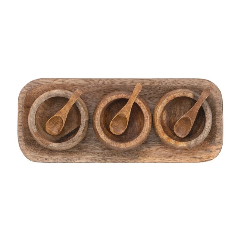 Mango Wood Tray with 3 Bowls and Spoons- Set of 7