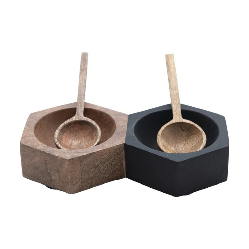 Wood Dish with 2 Sections and Spoons