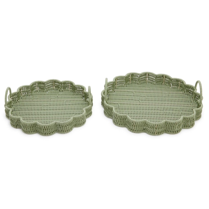 Green Wicker Scalloped Edge Round Tray