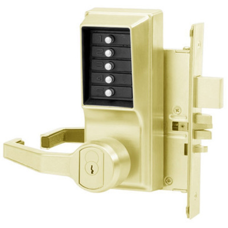 Dormakaba L8146M-03-41 Pushbutton Mortise Lock with Lever Medeco Core override in Bright Brass