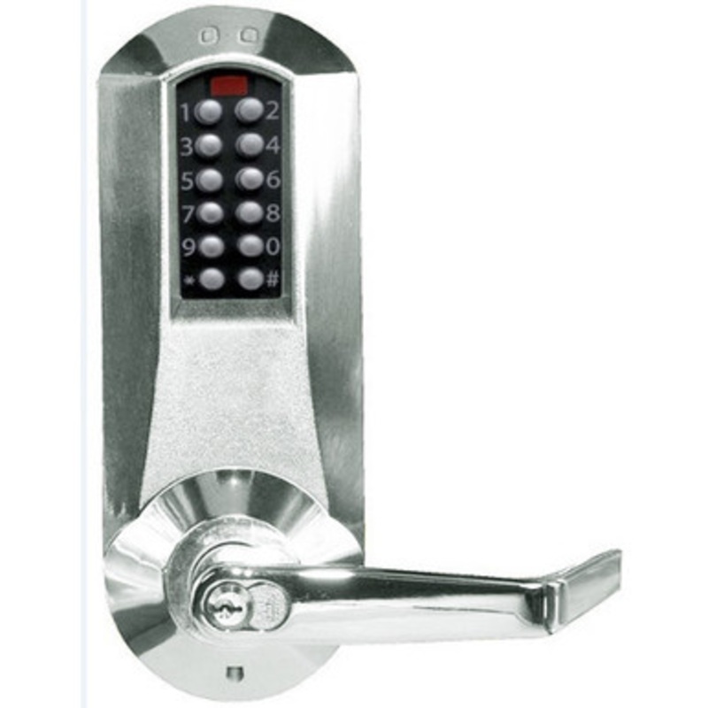 Dormakaba Eplex E5010XSWL-625-41 Pushbutton Exit Trim Lever Lock with Schlage Core Override in Bright Chrome