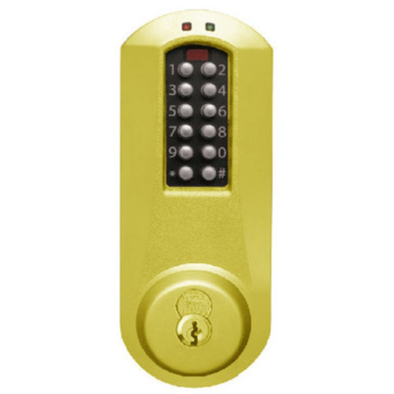 Dormakaba Eplex E5031SWK-605-41 Pushbutton Cylindrical Knob Lock with Schlage Core Override in Bright Brass