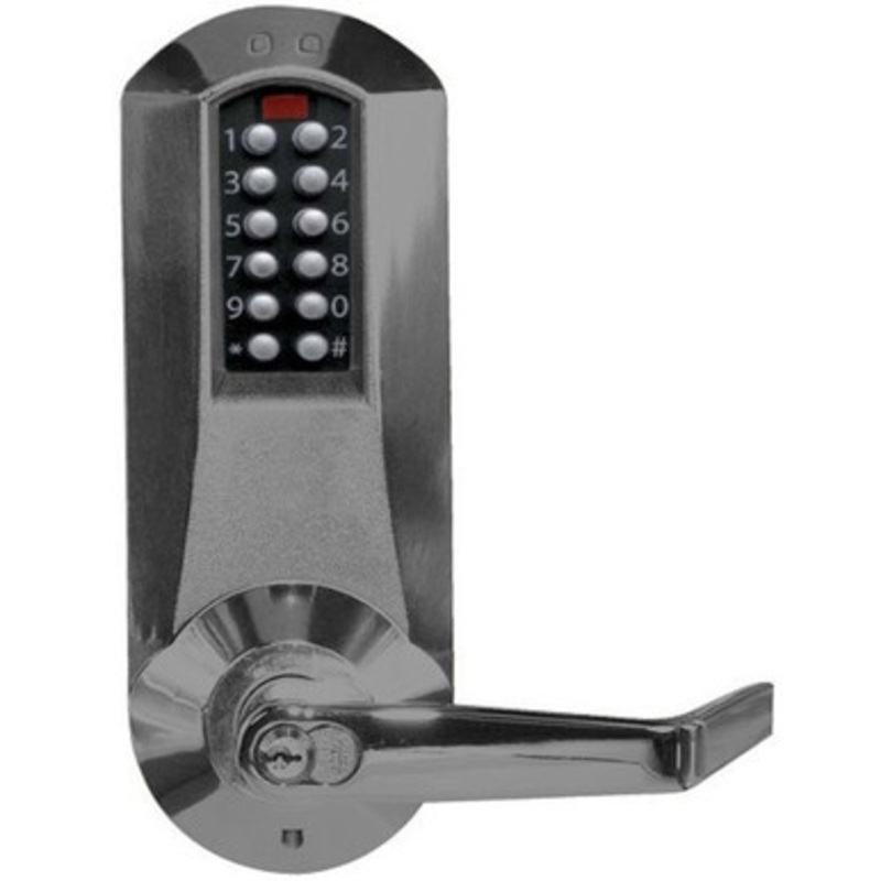 Eplex E5031CWLl-676-41 Pushbutton Cylindrical Lever Lock with Corbin Core Override in Black with Satin Chrome Accents