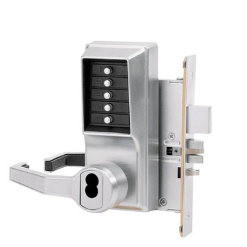 Dormakaba L8148M-26D-41 Pushbutton Mortise Lock with Lever Medeco Core override in Satin Chrome