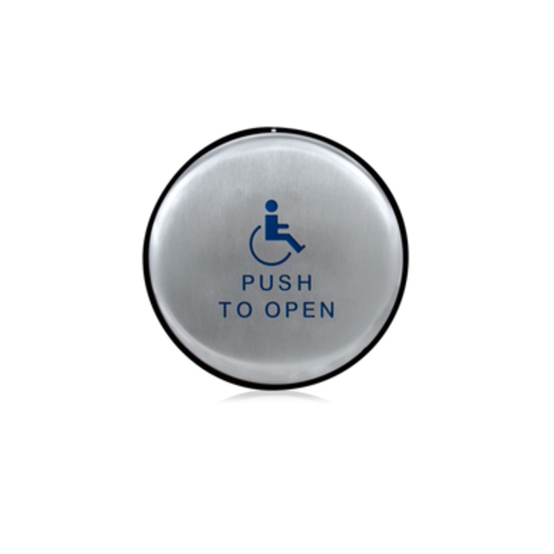 10EMR4751  BEA Activation Plates Panther Push Plate, 4.75 In. Round Slim Profile, Blue Handicap Logo and Blue Push to Open Text, 433 MHz Transmitter integrated, Powered by 12V A23 Battery