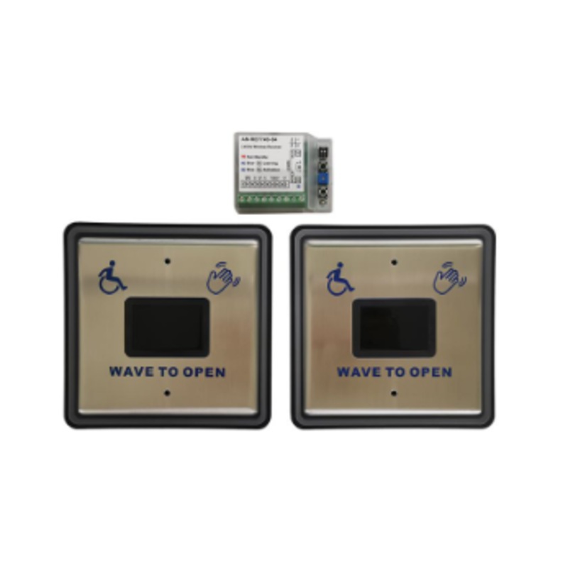 Micom MTB-08W Hello Touchless Switch Kit, Double Gang, Hybrid (Battery or Hardwired), 4.5 x 4.5 Touchless Pads, 2.4 GHz, Stainless Steel Finish, includes 2 Switches and 1 Receiver.