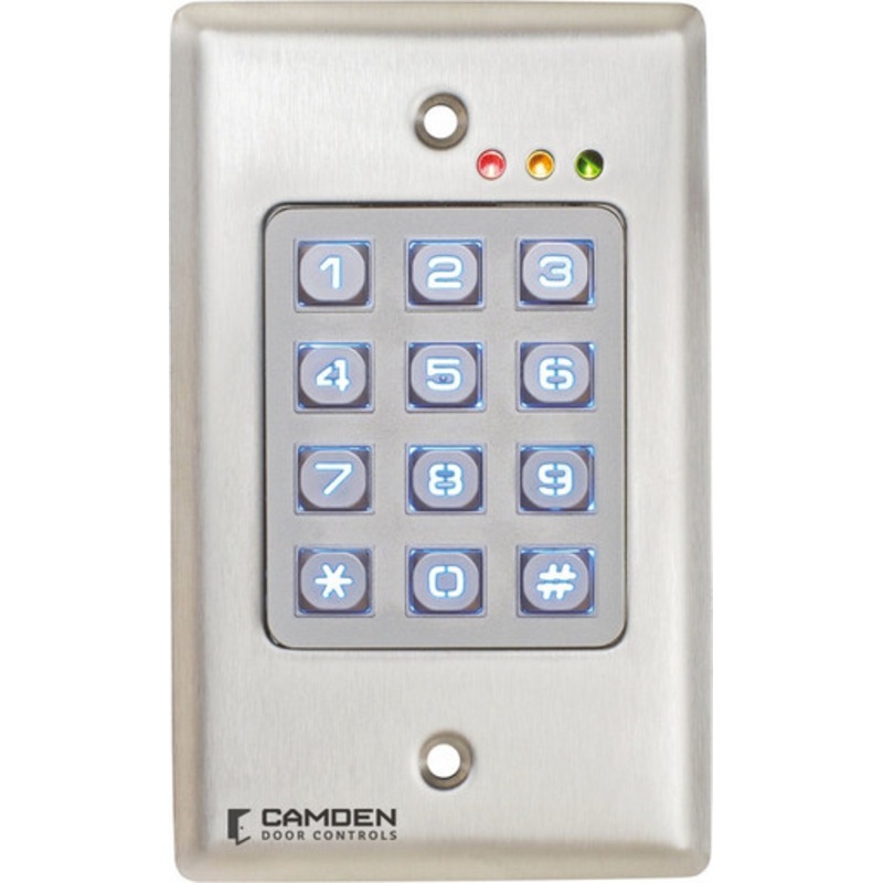 CAMDEN CM-120WV2  Door Activation Device Keypad, Vandal proof, Flush Mount, 1-Gang, Metal Backlit, 12/24 Volt AC/DC, 999 User, 4-1/2 Length x 2-3/4 Width x 3/4 Depth, For Outdoor