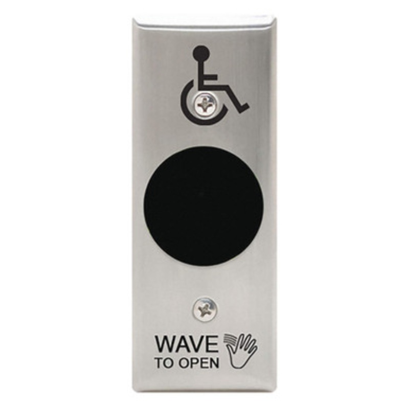 Camden CM-330L1/42SN  Camden Touchless Actuators SureWave Active Infrared Hands-Free Switch, Battery Powered, Wireless, With Hand Icon, ‘Wave to Open’ Text, and Wheelchair Symbol Logo, Satin Stainless Steel