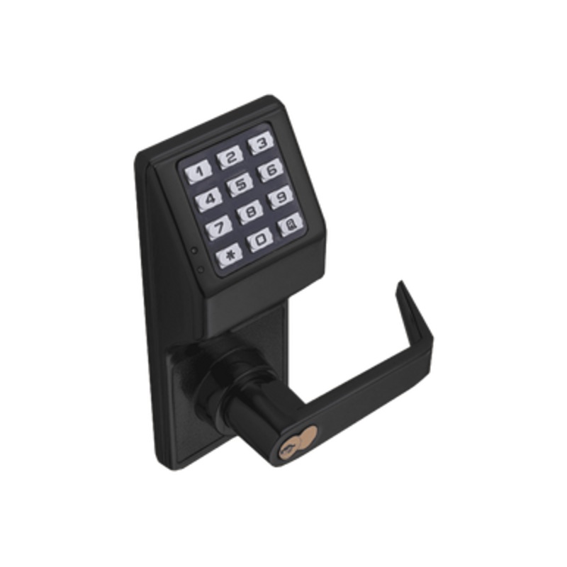Alarm Lock DL2700 US19 Grade 1 Pushbutton Cylindrical Lock, 100 Users, Straight Lever, Weatherproof, Flat Black Powder Coated Finish
