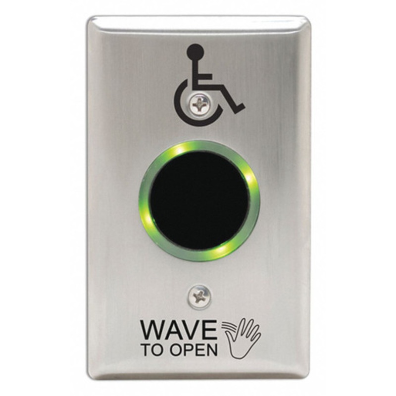 Camden CM-332/42S-SGLR  Camden Touchless Actuators SureWave Active Infrared Hands-Free Switch, Line Powered with Wireless Option, With Hand Icon, ‘Wave to Open’ Text, and Wheelchair Symbol Logo, Door Status Light Ring, Satin Stainle