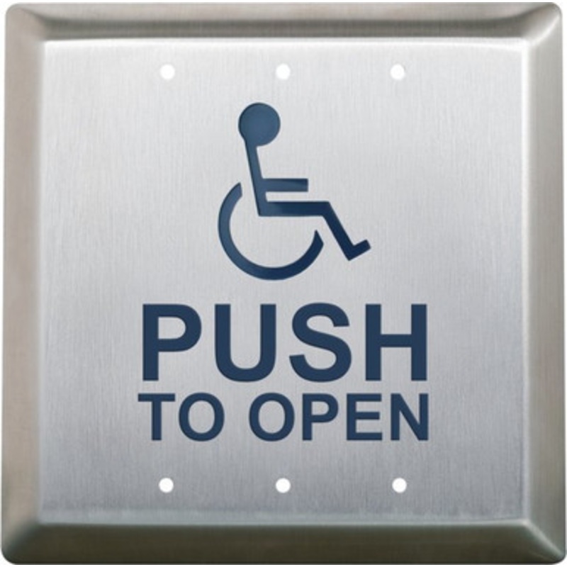 Camden CM-RFK45/A4  Activation Plates Kinetic Switch Kit, 900 MHz. No-Battery Wireless ACTIVE WHEELCHAIR Symbol and PUSH TO OPEN Text, Satin Stainless Steel