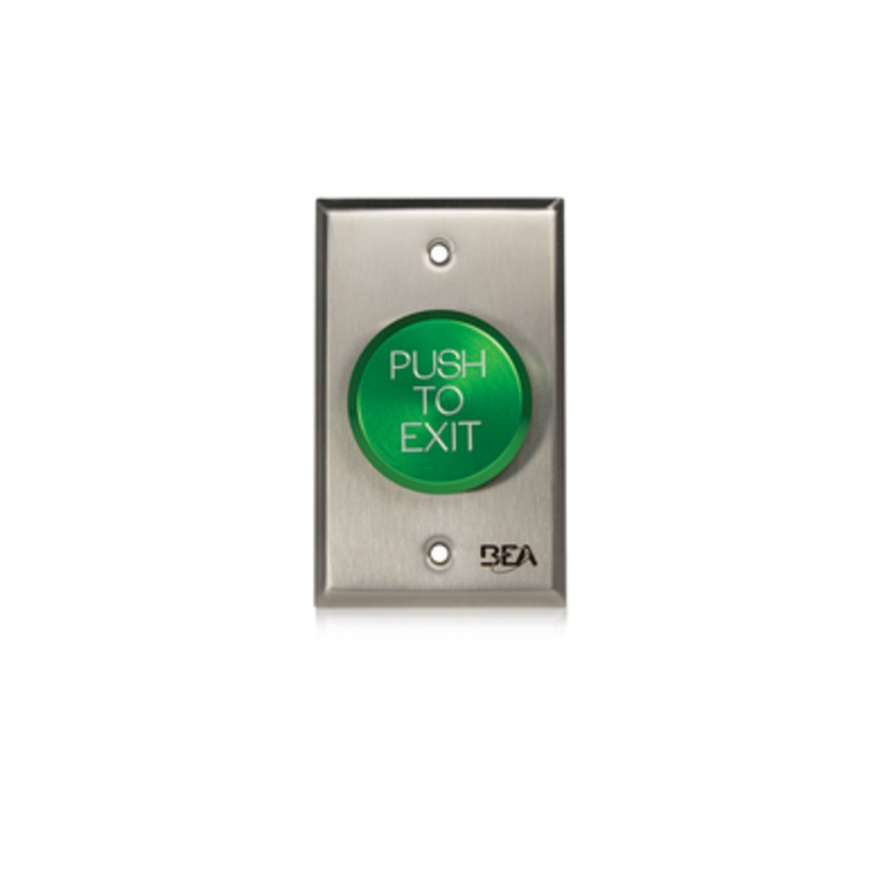 10ACPBDA12  BEA Pushbutton Pneumatic Push Button, Single gang plate, oversized 1 5/8 In. Green button, Push to Exit text, 2.5 AMP 12 to 24 V AC/DC