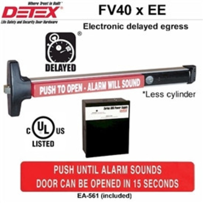 DETEX V40 EE CD 628 99 Value Series Narrow Stile Rim Exit Device, Cylinder Dogging, 99 Surface Strike, Delayed Egress, Satin Aluminum Clear Anodized
