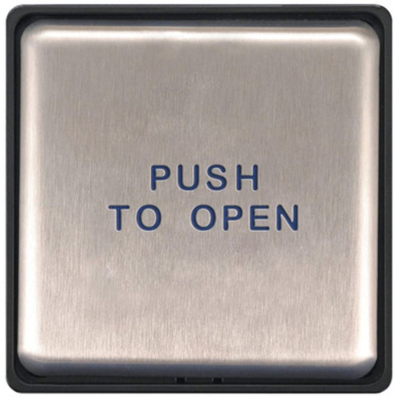 10EMS475  BEA Activation Plates Panther plate, 5.74 In. square push plate, slim profile, blue Push to Open text