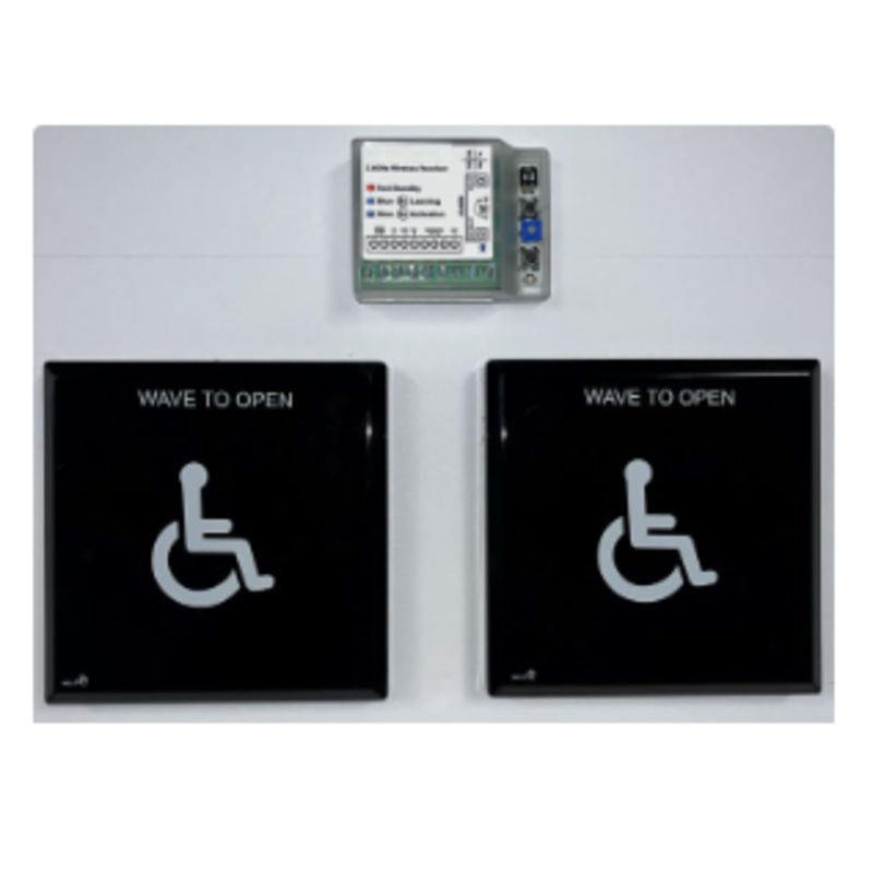 Micom MTB-09W Hello Touchless Switch Kit, Double Gang, Battery Powered, 4.5 x 4.5 Touchless Pads, 2.4 GHz, Polycarbonate Finish, includes 2 Switches and 1 Receiver.