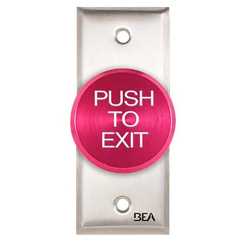 10ACPBDA1  BEA Pushbutton Pneumatic Push Button, Jamb plate, oversized 2 In. Red button, Push to Exit text, 2.5 AMP 12 to 24 V AC/DC