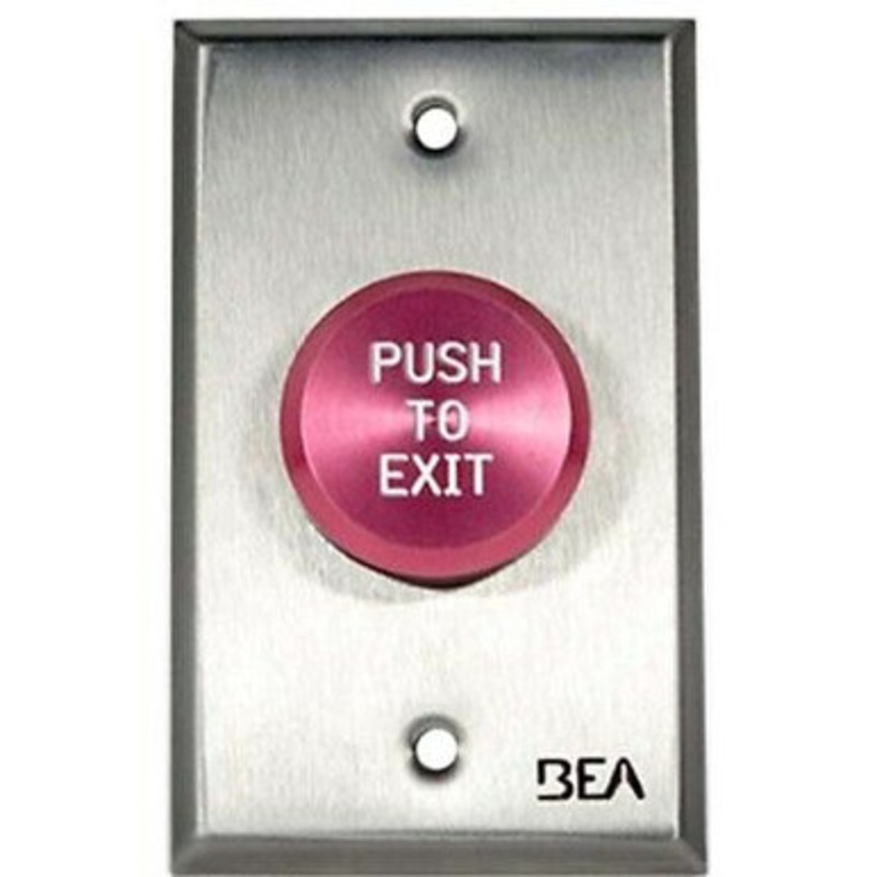 10ACPBDA4  BEA Pushbutton Pneumatic Push Button, Single gang plate, standard 1 5/8 In. Red button, Push to Exit text, 2.5 AMP 12 to 24 V AC/DC