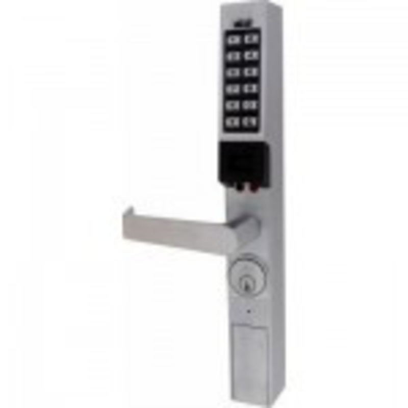 Alarm Lock Storefront Narrow Stile PDL1300-26D1 Trilogy Series Narrow Style Digital PIN/PROX Keypad Lock with Straight Leverset in Satin Chrome
