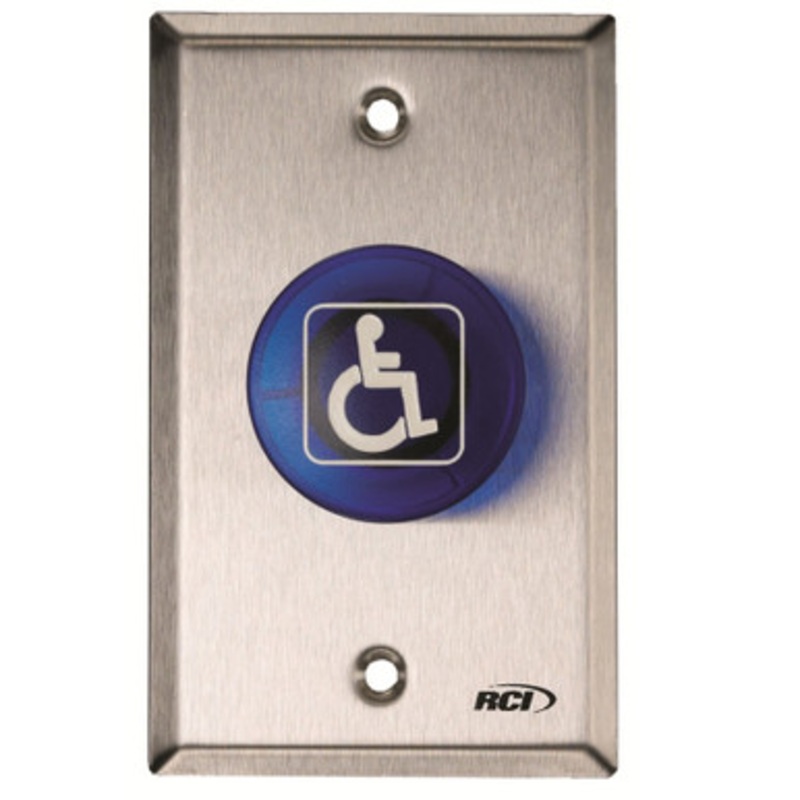 RCI 906-BH-MO Handicap Button, Blue with Handicap Logo, Momentary, Satin Stainless Steel