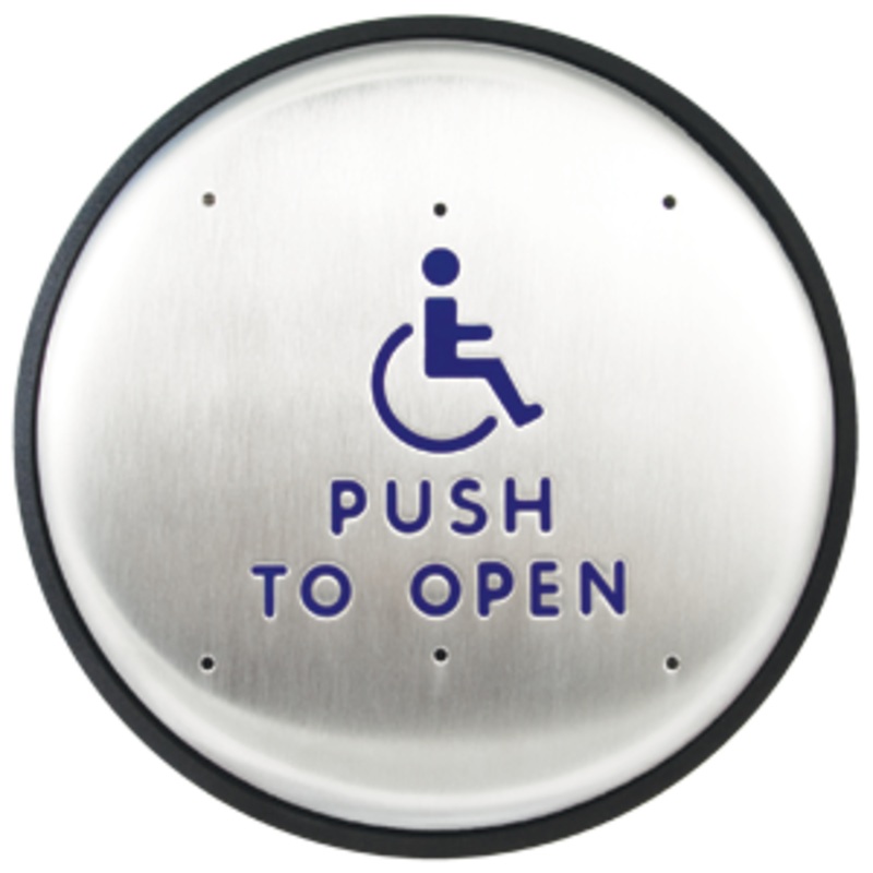 Norton 506 Stainless Steel Push Plate Door Switch, 6 Round, PUSH TO OPEN & Handicapped Logo, Blue Letters