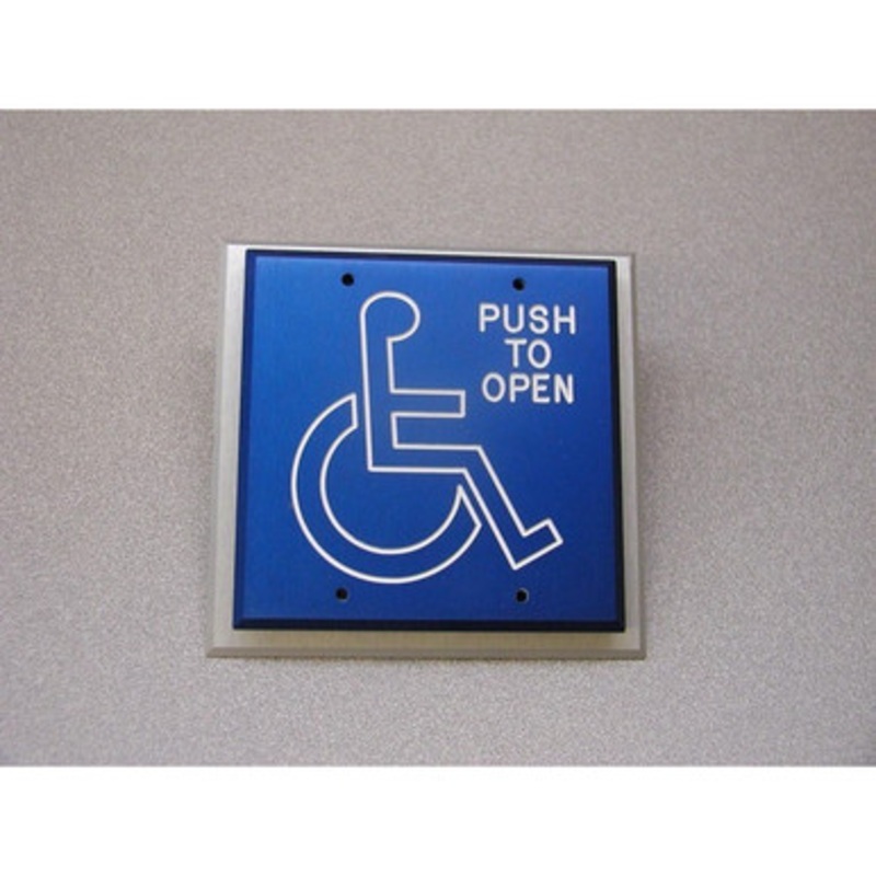 Dortronics D5286-P23DAxHCP3 Pneumatic Time Delay Push Plate Double Gang Switch Handicap White Logo On Blue Push To Open