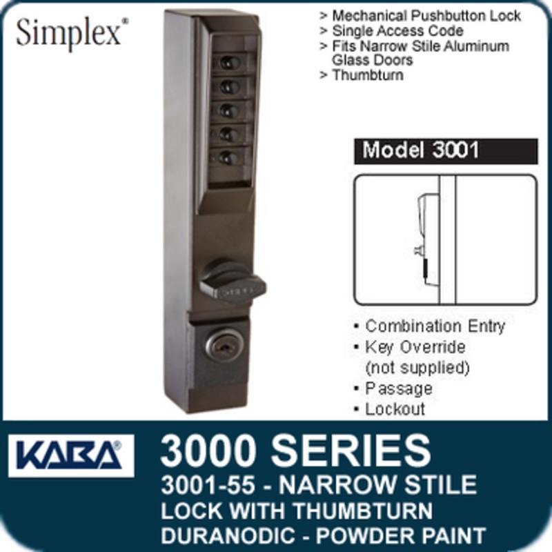 Simplex 3001-55-41 Narrow Stile Pushbutton Lock with Thumbturn with Key Override in Duranodic